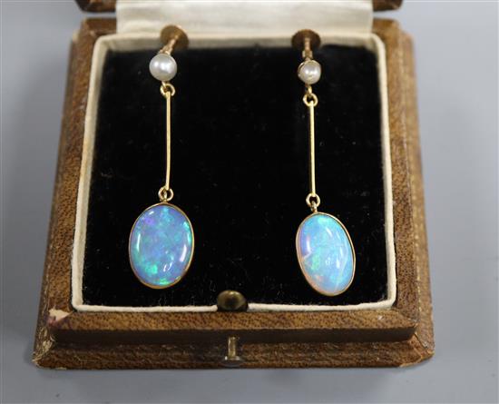 A pair of 9ct, cabochon white opal and cultured pearl set drop earrings, 34mm.